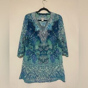 Chico's paisley floral beaded semi sheer tunic blouse
